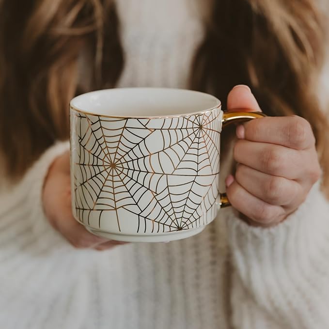 Sweet Water Decor Gold Spiderwebs Mug, 14oz Fine Bone China Coffee Cup with Gold Handle, Cute Halloween Decorations for Home, Spider Web Mug Fall Seasonal Decor, Spooky Season Gifts for Women-Ruum Studio Home