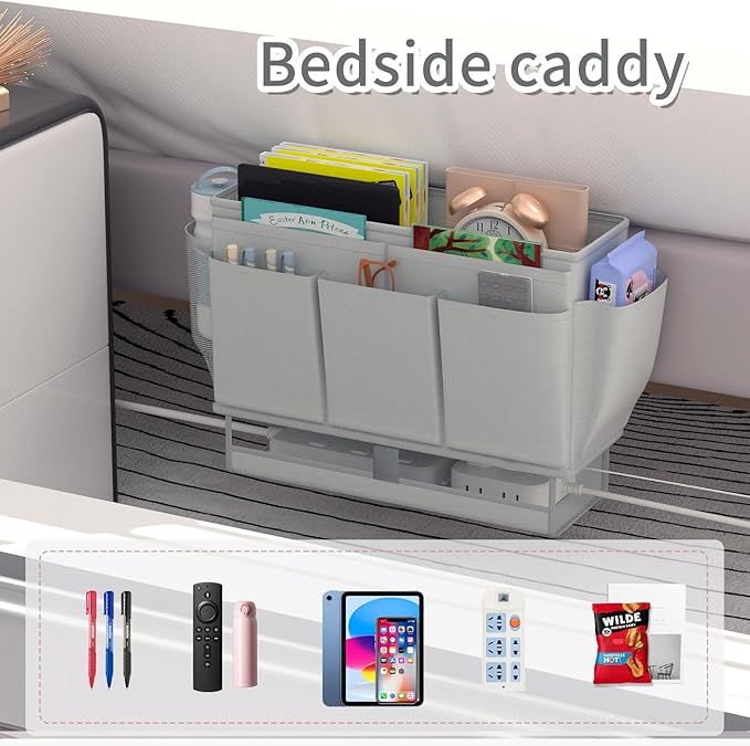 Bedside Caddy, Bed Organizer with 11 Pockets and Power Strip Holder, Versatile Bedside Storage Caddy for Home,Dorm,Bunk,Hospital,Crib Bed (2 Pack Grey)-Ruum Studio Home