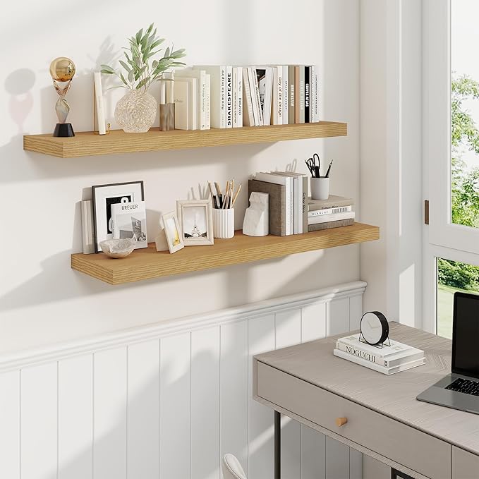 Fun Memories 40" Rustic Wood Floating Shelves with Invisible Brackets for Storage & Decor, Deep Wall Mounted Shelves for Bathroom, Kitchen, Living Room (Oak, Set of 2)-Ruum Studio Home