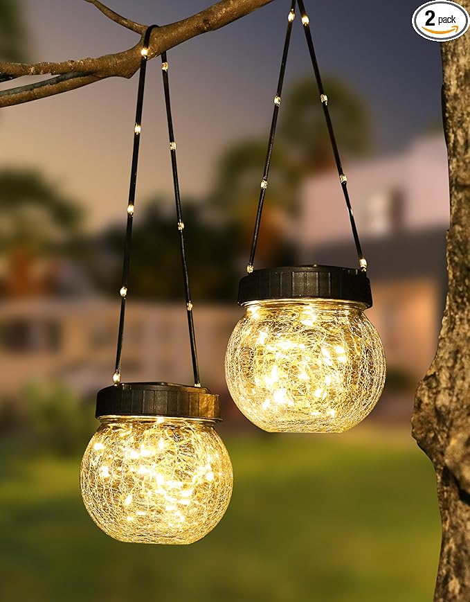 PARTPHONER Solar Lantern Solar Lights Outdoor Waterproof 2-Pack, Solar Powered Hanging Lights Cracked Glass Hanging Globes for Christmas Decoration, Shepherd Hook, Garden Tree Ornaments-Ruum Studio Home
