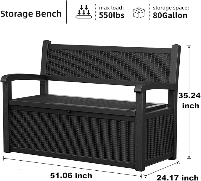 80 Gallon Storage Bench Deck Box Waterproof Lockable,Outdoor Storage Furniture for Patio,Garden and Porch,Tools and Cushions（Black）-Ruum Studio Home