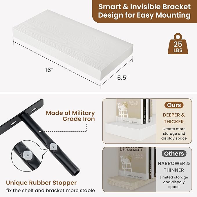 fuqing Floating Shelves for Wall, Bathroom Shelf Wall Mounted for Storage, Shelves with Invisible Bracket for Bedroom, Kitchen, Living Room, Farmhouse Small Book Shelf, 16 Inch Set of 2, White-Ruum Studio Home