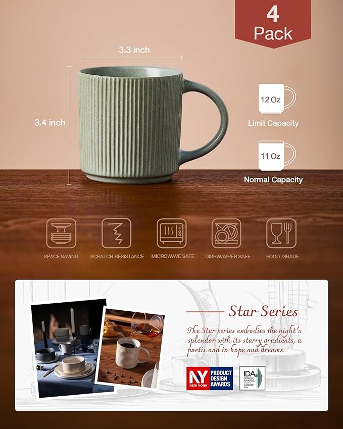 famiware Coffee Mug Set for 4, Star 12 oz Catering Mugs Cup Set with Handle for Coffee, Tea, Cocoa, Milk - Ceramic Stoneware Drinkware Set, Matte Green-Ruum Studio Home