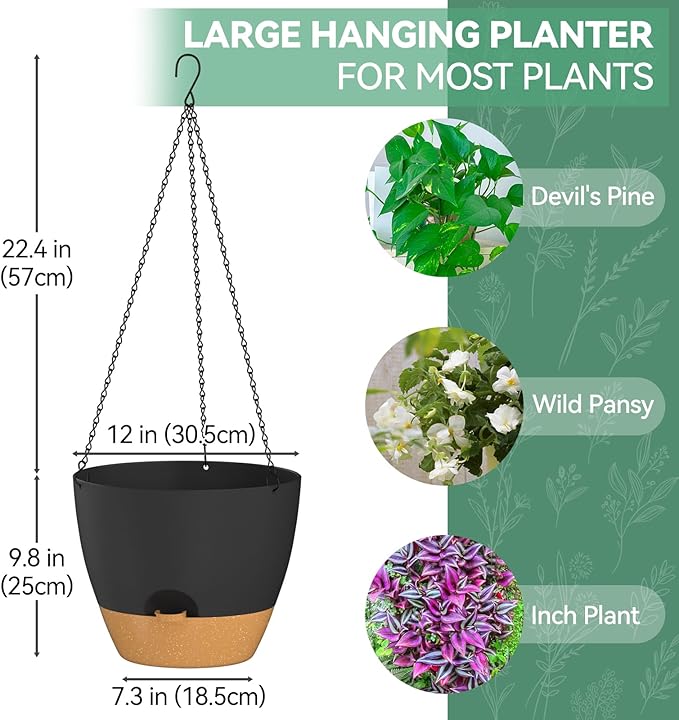 ZMTECH 12 Inch Hanging Planters for Indoor Outdoor Plants, 1 Pack Self Watering Hanging Plant Pots with Drainage Holes and Removable Saucer, Plastic Flower Hanging Pots with Watering Lip (Black)-Ruum Studio Home