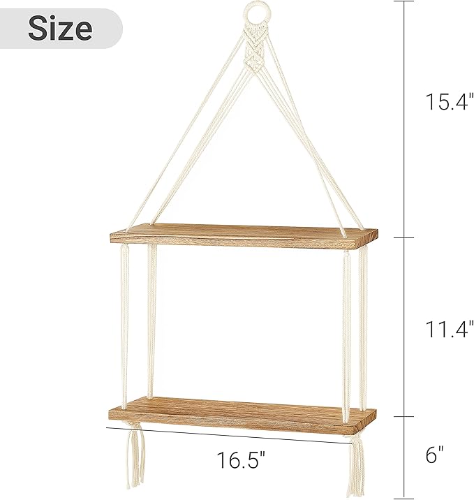 Mkono Macrame Hanging Shelf Boho Wall Decor 2 Tier Handmade Cotton Rope Rustic Wood Floating Shelves Display Photos Plants Hanging Storage Shelving for Living Room Nursery Bathroom Bedroom-Ruum Studio Home
