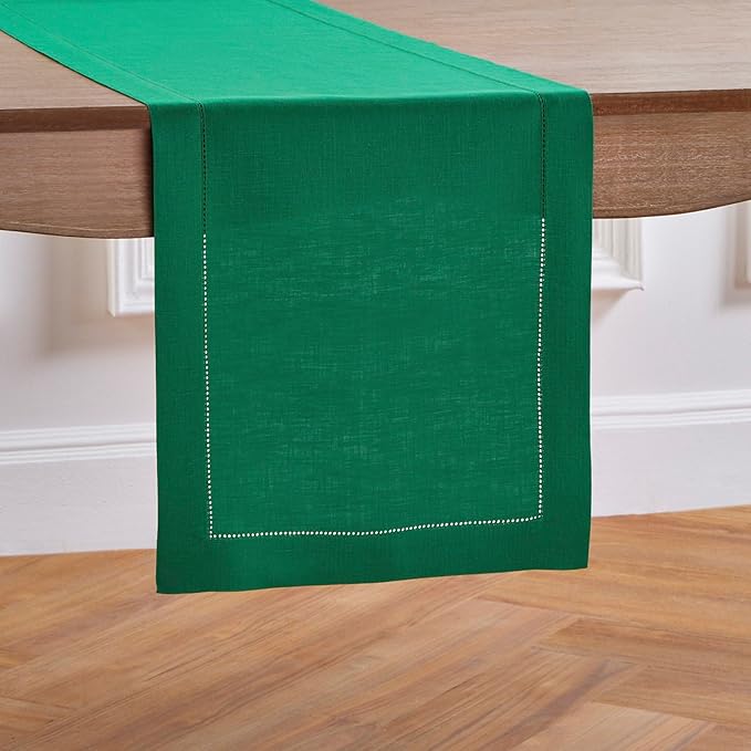 Solino Home Linen Emerald Green Hemstitch Table Runner 60 Inches - 100% Pure Linen Small Table Runner 14 x 60 Inch Ideal for Dresser and Coffee Tables - Classic Hemstitch-Ruum Studio Home