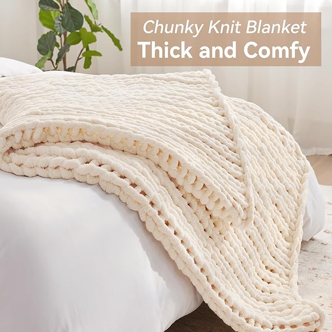 Chunky Knit Throw Blanket, 60''*80'' Knitted Throw Chenille Yarn for Bed Couch, Handmade Cream Crochet Big Thick Blanket, Machine Washable Cute Comfy Blanket for Home Decor-Ruum Studio Home