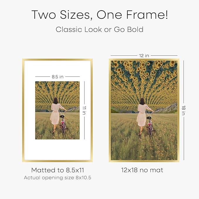 Homeforia 12x18 Picture Frame Gold, High End Metal 12x18 Poster Frames with Mat 8.5x11 Photo, 12 x 18 Gold Frame Matted to 8.5 by 11 Print, 18x12 Thin Hanging Frame, Tempered Glass, Wall Kit, Set of 1-Ruum Studio Home