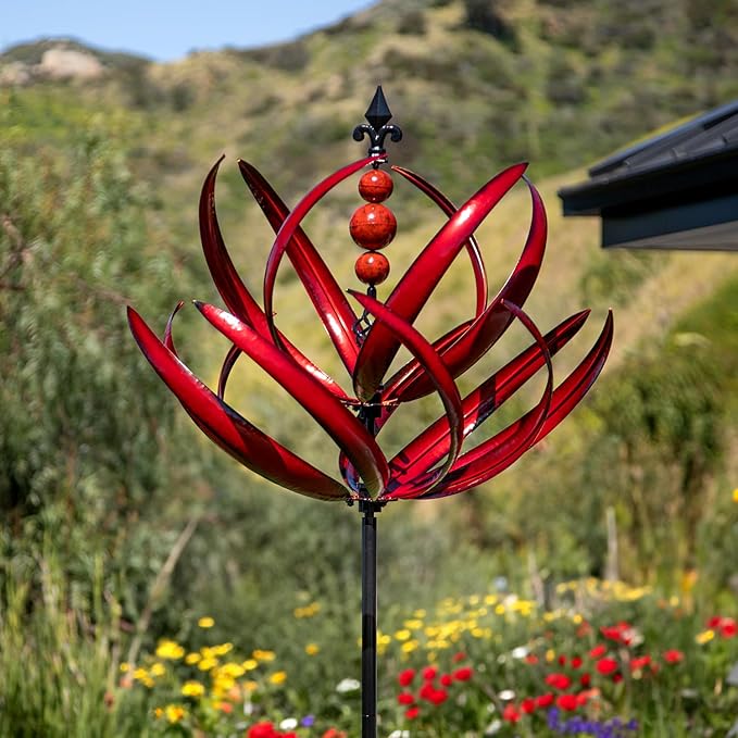 Yard Garden Wind Spinners - 91" Height Extra Large Wind Spinners Outdoor Metal, Kinetic Wind Sculptures for Lawn Patio Garden Decor (Burgundy Lotus)-Ruum Studio Home