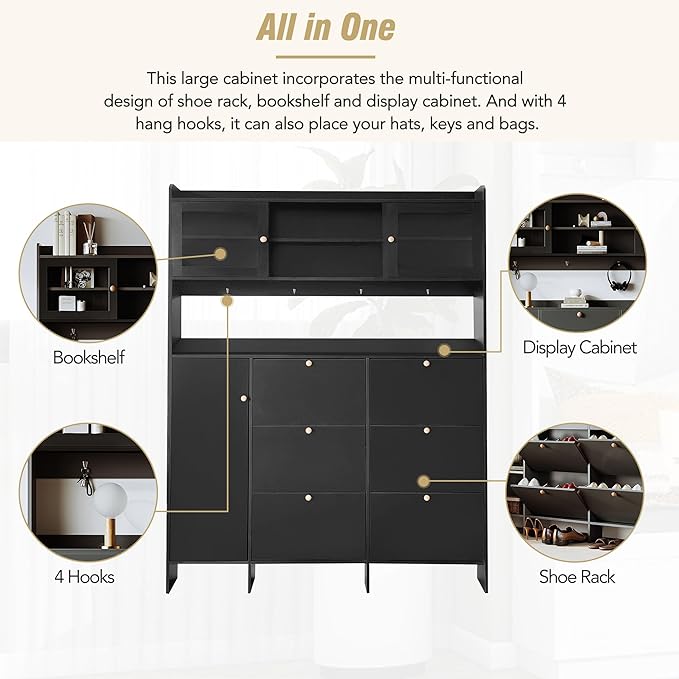 Ball & Cast Tipping Bucket 3-Tier Shoe Cabinet with 6 Flip Drawers and Storage Shelf,Entryway Hall Tree with Tempered Glass Doors and 4 Hooks,for Hallway,Mudroom,Living Room,Black-Ruum Studio Home
