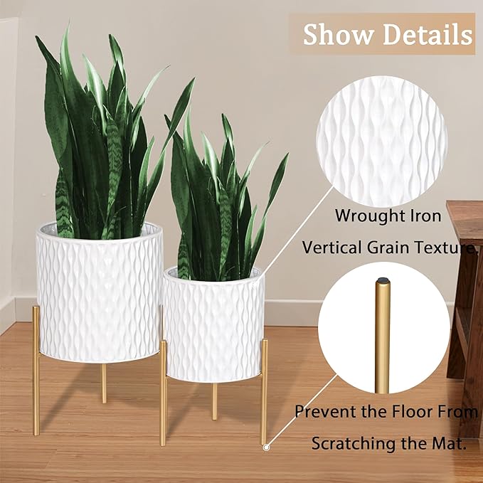 ARNIS Plants Pots with Stand, Set of 2 P lanters, Unique Mid Century Decorative Metal Flower Pots with Drainage, 8.25 & 10.5 Inch, White and Gold-Ruum Studio Home