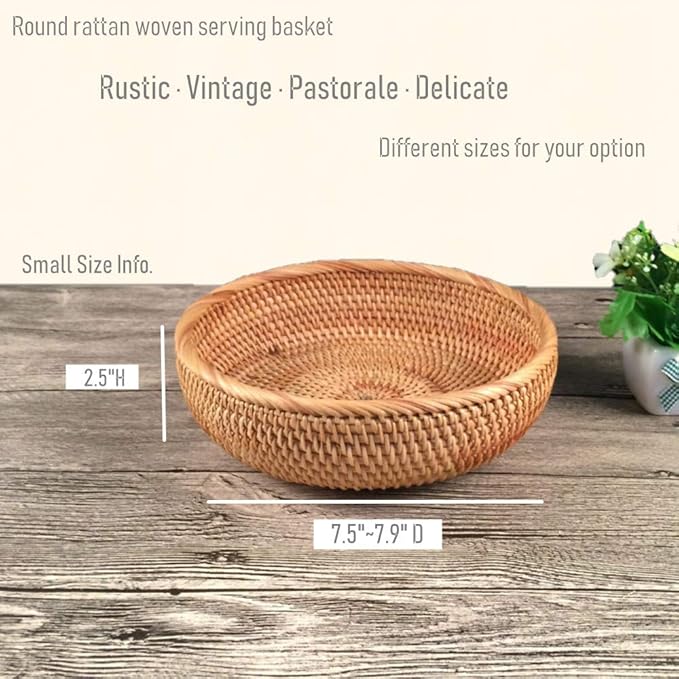 Set of 2 Round Rattan Bowl Baskets, 8 9 Inch Handmade Wicker Basket Tray with 3”Deep Wall, Decorative Woven Brown Bread Basket Fruit Bowl Table Key Holder, 2-Size-Ruum Studio Home