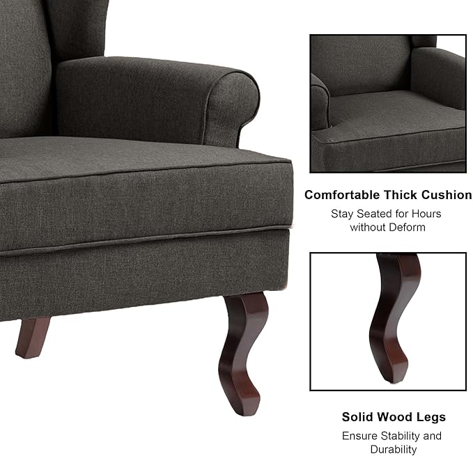 Accent Chair, High Back Upholstered Armchair with High Resilience Sponge & Wood Legs, Mid-Century Modern Comfy Single Sofa Reading Chairs for Living Room, Bedroom (Dark Grey, Set of 1)-Ruum Studio Home