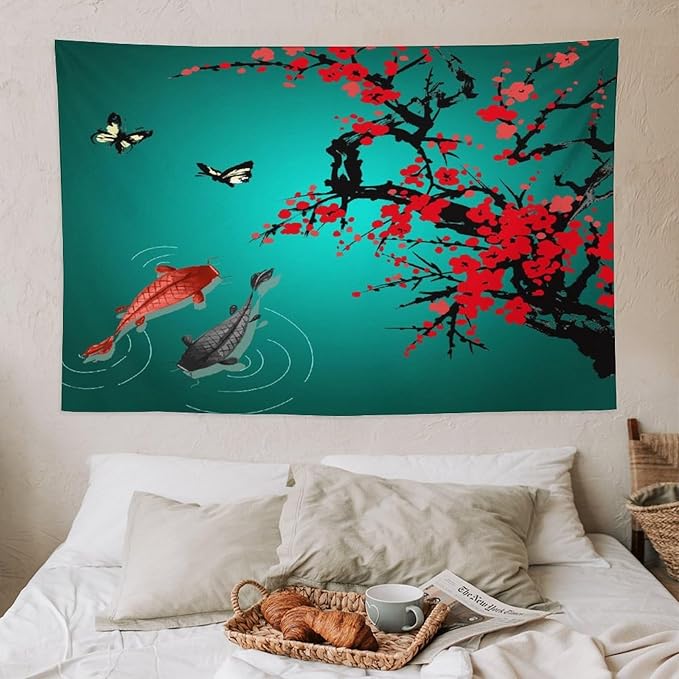 Houselerax Japanese Koi Fish Tapestry, Cherry Blossoms Asian Oriental Green Teal Floral Branch Koi Fish Carp Tapestries Wall Hanging for Bedroom Living Room Office Decor 60"x40"-Ruum Studio Home