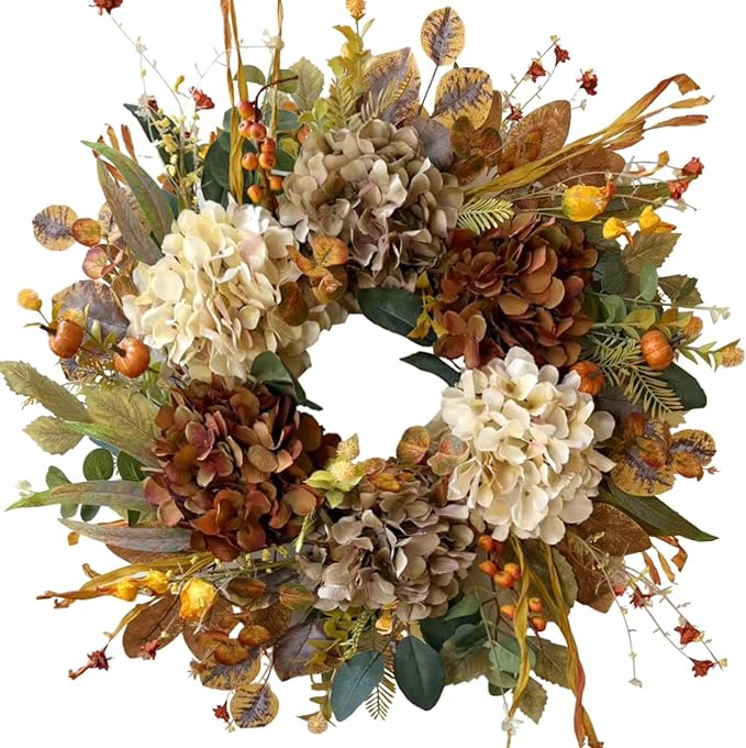 WANNA-CUL 24 Inch Fall Wreaths for Front Door with Hydrangea,Little Pumpkins-Fall Decorations for Home,Fall Door Wreath Decor for Autumn,Harvest, Halloween or Thanksgiving-Ruum Studio Home