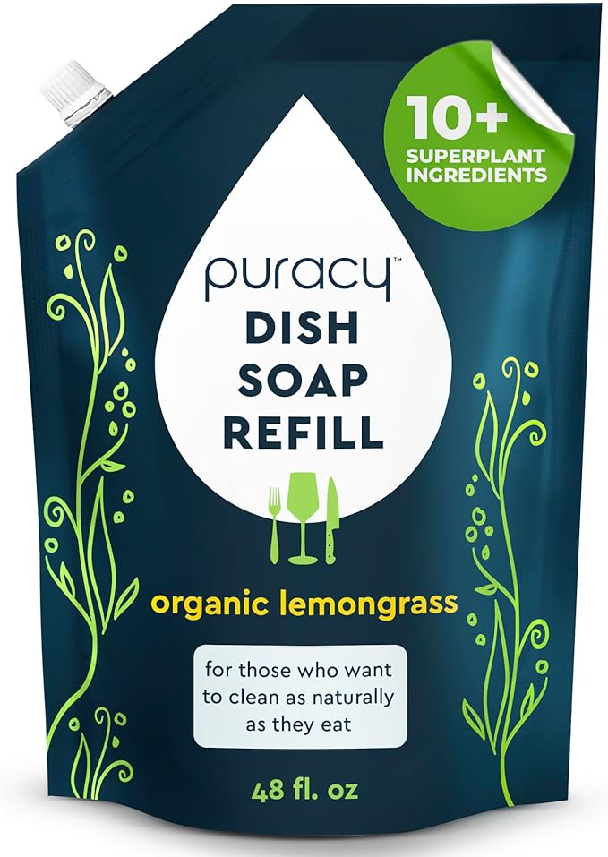 Puracy Natural Dish Soap Refill - Skin-Softening Plant-Based Liquid Dishwashing Detergent Soap, Clean-Rinsing Water-Sheeting Formula (Organic Lemongrass, 48 fl oz)-Ruum Studio Home