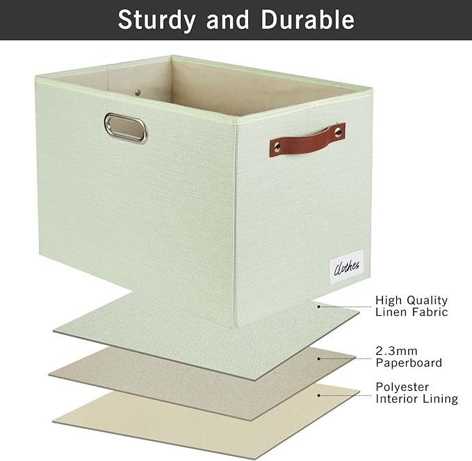 3-Pack Foldable Fabric Storage Bins with Durable PU & Metal Handles, Collapsible Storage Baskets for Shelves, Home Storage, Closet Organizers, Living Room(17"x11.8"x11.8", Sage Green)-Ruum Studio Home