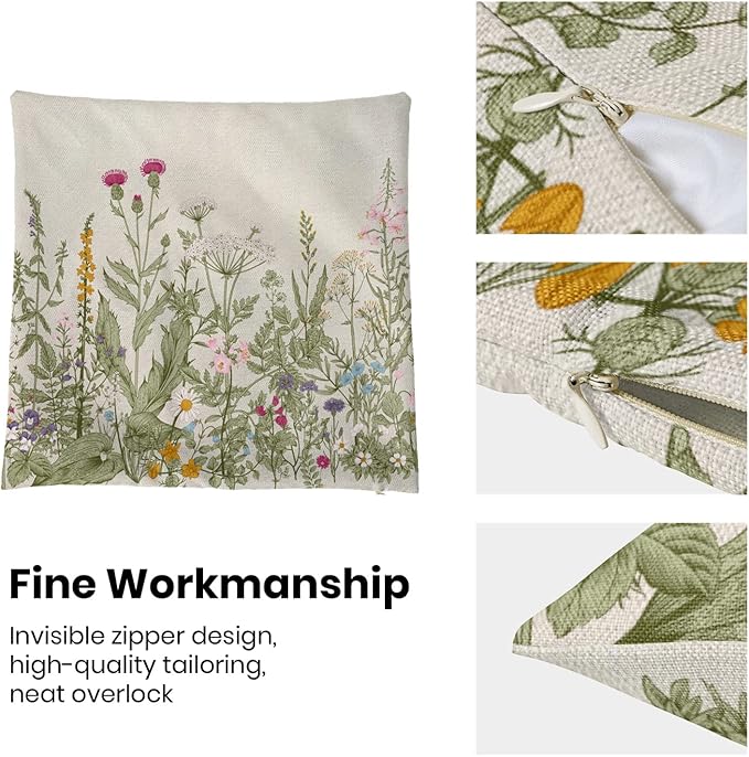 Spring Floral Pillow Covers 18 x 18 Inch Set of 2 Vintage Sage Green Wild Flowers Decor Throw Pillows Wildflower Plant Outdoor Farmhouse Decorative Cushion Cases for Couch Bed Sofa Decoration-Ruum Studio Home