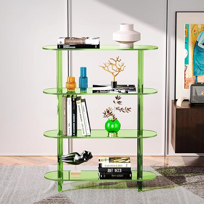 Clear Bookshelf, Acrylic Bookcase with Open Book Shelf Console Table for Entryway Office (4 Tier Green)-Ruum Studio Home