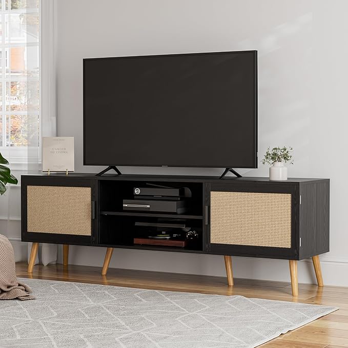 TV Stand for TVs up to 65'', Entertainment Center with Rattan Door, Shelves & 2 Cabinets, Boho Media TV Console for Living Room, Bedroom, Black-Ruum Studio Home