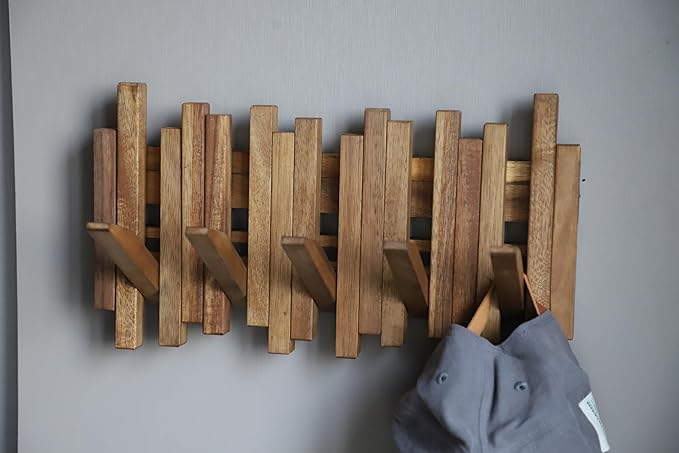 Natural Wood Wall Mounted Piano Coat Rack| Coat Rack Wall Mount| Flip Down Wall Hook Rack 5 Hooks| Entryway Wall Art Hook,Made of Acacia Wood (Wood Wax Oil staining Light Brown).-Ruum Studio Home