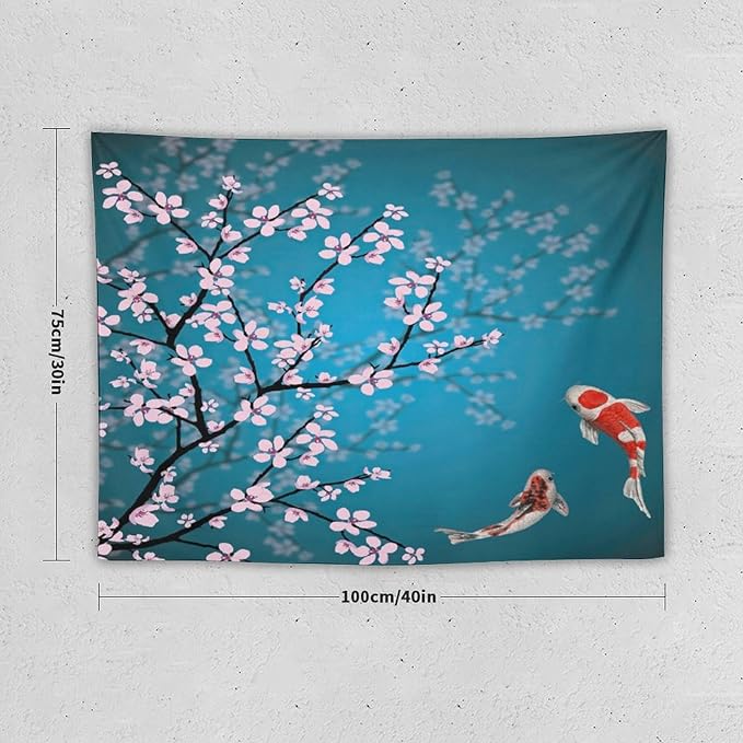 Japanese Koi Fish Tapestry, Cherry Blossoms Asian Oriental Green Teal Flower Branch Koi Fish Carp Tapestries Wall Hanging for Bedroom Living Room Office Decor 40"x30"-Ruum Studio Home