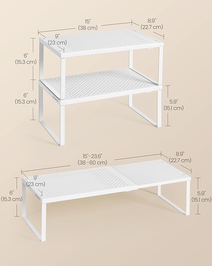 SONGMICS Spice Racks, Set of 2 Expandable Kitchen Countertop Shelves, Small Cupboard Organizers, Metal, Space-Saving Tabletop Shelves, Matte White UKCS402W01-Ruum Studio Home