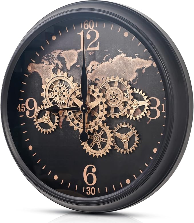 CLXEAST 24 Inch Moving Gear Wall Clock with World Map Pattern,Large Black Gold Metal Wall Clock for Modern Farmhouse Living Room Decor,Reloj De Pared para Sala-Ruum Studio Home
