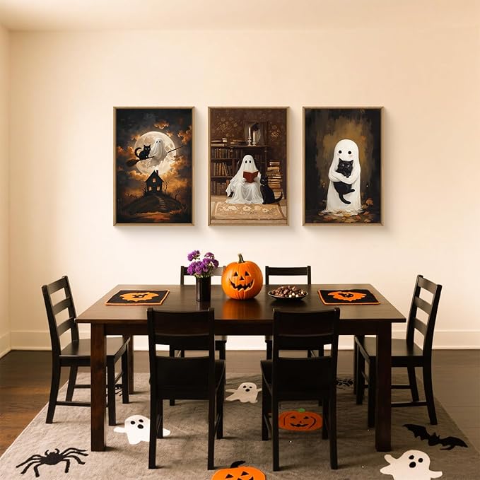 HPNIUB Halloween Ghost Framed Canvas Wall Art Set, Funny Black Cat Poster Artwork, Vintage Spooky Wall Decor, Dark Academia Moon Pictures for Bedroom Living Room Bathroom-16 x24 x3-Ruum Studio Home