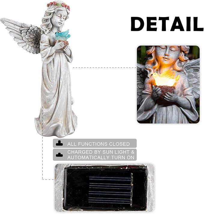 Angel Garden Statue Outdoor Decor, Angel Garden Figurine Hold Dove with Solar Lights Waterproof Resin Yard Art Decoration Lawn Ornament Sculpture for Outside Patio Yard Gift-Ruum Studio Home