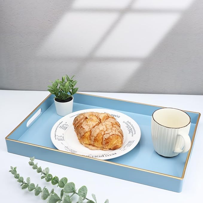 Spsyrine Blue Decorative Serving Tray with Handles, Elegant Plastic Coffee Table Tray for Ottoman, Living Room, Home Decor 15.6" X 10.2" Light Blue-Ruum Studio Home