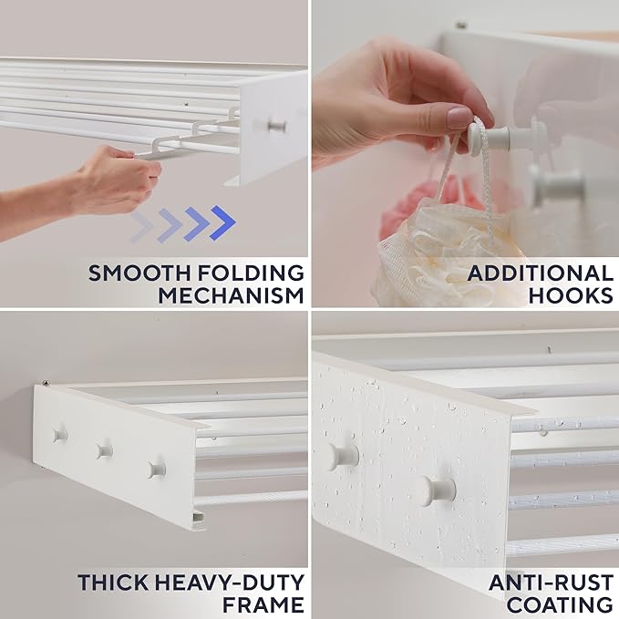 Foldable Wall Mounted Drying Rack 40 inch - Easy to Install Hanging Rack for Laundry Room - Space Saving Design with 66-lb Capacity - Perfect Drying Racks for Clothes Towels & More-Ruum Studio Home