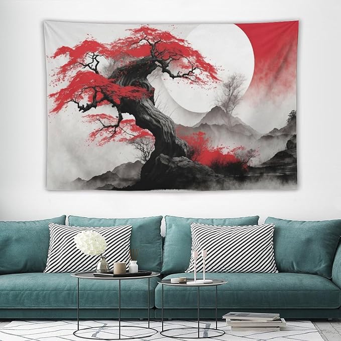 Cherry Blossoms Tapestry,Japanese Red Landscape Asian Watercolor Abstract Art Tapestry,Japanese Wall Tapestry, Nature Landscape Tapestries for Bedroom Living Room Decor 60"x40"-Ruum Studio Home