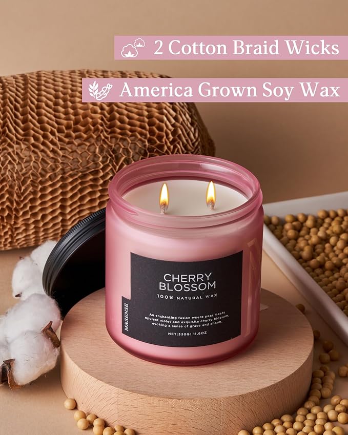 M&SENSE Cherry Blossom Scented Spring Candle, 70 Hours Long Lasting Soy Wax 11.6oz Stress Relief Aromatherapy Candles, Romantic Gifts for Women, Glass Jar for Bedroom Decor-Ruum Studio Home