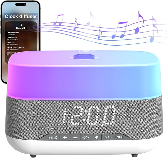 Versatile Essential Oil Diffuser, 300ml Aroma Diffuser with Bluetooth Speaker and Alarm Clock, 7 Colors LED Light Aromatherapy Diffusers & Cool Mist Humidifier 3-Level Brightness, Auto-Off Protection-Ruum Studio Home