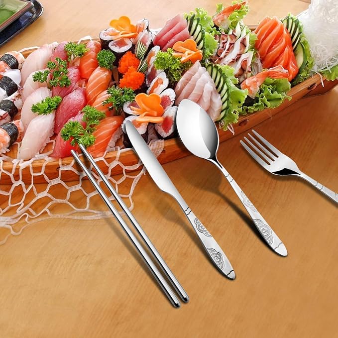 6 Pack Reusable Flatware Sets Knife, Fork, Spoon, Chopsticks, 24Pcs Portable Travel Stainless Steel Tableware Dinnerware with Carrying Case-Ruum Studio Home