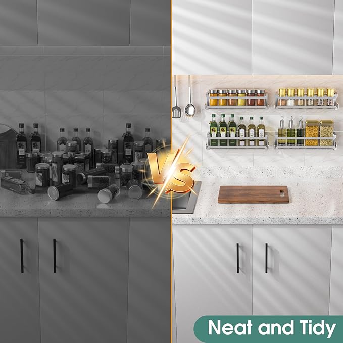 LUCYCAZ 4 Pack Wall Mounted Spice Rack with 16 Hooks, Spice Organizer Shelf for Stove Cabinet Pantry Door,Screw or Adhesive Spice Shelf Hanging Wall Spice Rack in Kitchen and RV (Silver, 4 PACK)-Ruum Studio Home