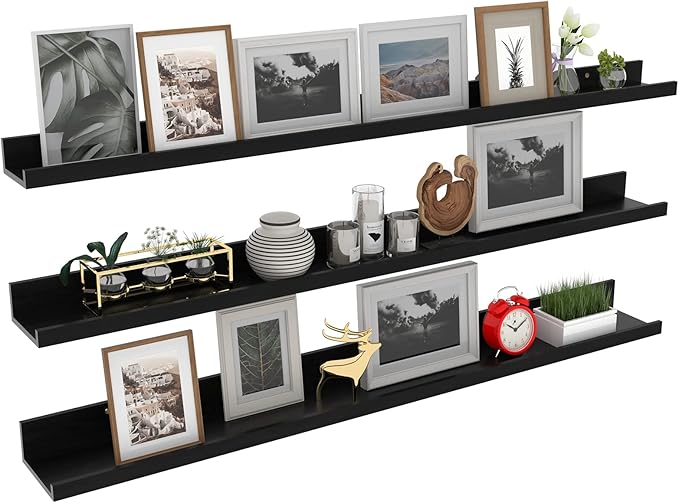 Giftgarden 47 Inch Black Floating Shelves Ledge, Wall Mount Long Picture Rail Large Woodgrain Photo Shelving for Living Room Bedroom Office, Set of 3 Different Sizes-Ruum Studio Home