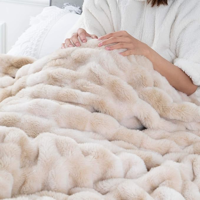 BATTILO HOME Ruched Luxurious Soft Beige Faux Fur Throw Blanket Fuzzy Plush Elegant with Reversible Mink Blanket for Sofa,Chair, Couch, Living Room, Home Decorative Blanket Tie dye (Beige, 50"x60")-Ruum Studio Home