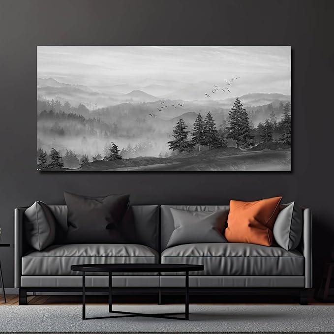 SOUGUAN Grey Pictures Wall Decor Forest Artwork Mountain Canvas Painting Landscape Wall Art Prints for Living Room Bedroom Home Hanging Decor 24x48 Inch-Ruum Studio Home