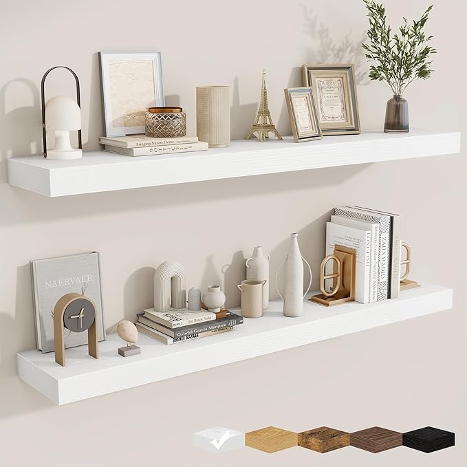 fuqing Floating Shelves for Wall, Bathroom Shelf Wall Mounted for Storage, Shelves with Invisible Bracket for Bedroom, Kitchen, Living Room, Farmhouse Small Book Shelf, 48 Inch Set of 2, White-Ruum Studio Home