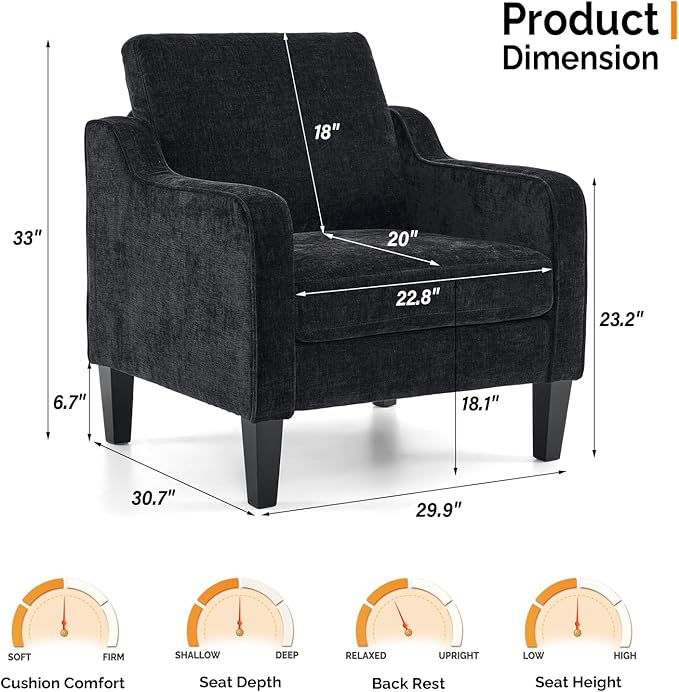 VINGLI Mid Century Modern Accent Chairs, Black Soft Chenille Reading Chair Upholstered Armchair Side Chairs Sofa Couches for Living Room, Bedroom, Apartment-Ruum Studio Home