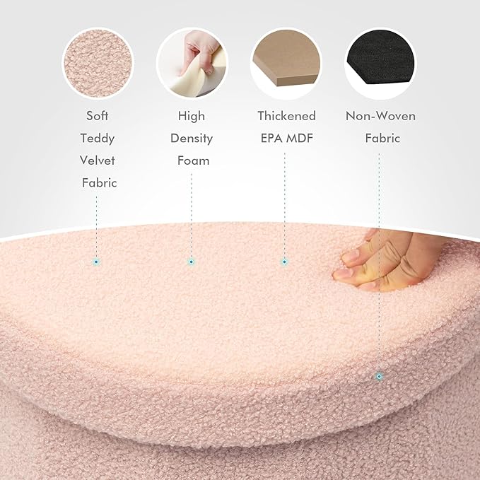 B FSOBEIIALEO Storage Ottoman Cube, Round Ottomans with Storage Foot Stool Footrest for Lving Room, Boucle Ottoman Seat for Dorm Room,Faux Teddy Fur, Pink 15"x15"x15"-Ruum Studio Home