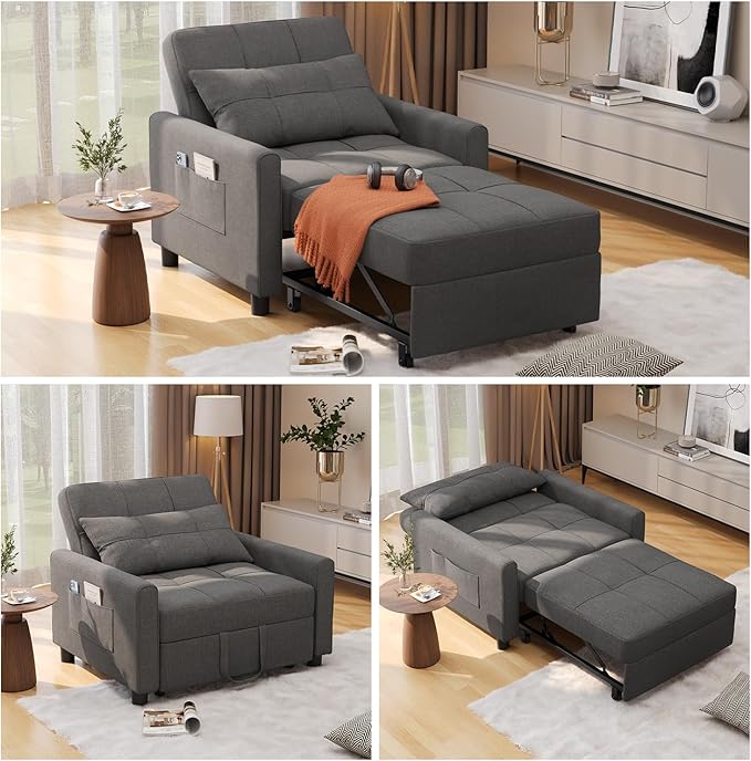Noelse Convertible Futon Sofa Bed, 3-in-1 Multi-Functional Sleeper Chair Bed, Adjustable Backrest Recliner with Modern Linen Fabric for Living Room Bedroom Apartment Small Space, Dark Grey-Ruum Studio Home