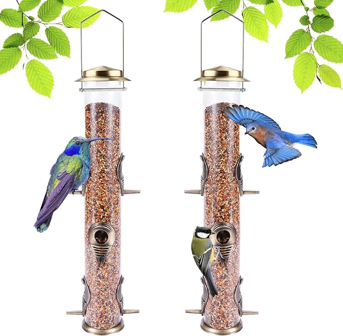 MIXXIDEA 2PK Metal Wild Bird Feeder Squirrel Proof Bird Feeders for Outside Hanging 6 Port Tube Bird Feeder Transparent Finch Feeder with Steel Hanger (Bronze)-Ruum Studio Home