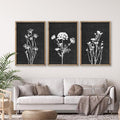Flower Plant Wall Art Decor 24"x16" Set of 3 Black And White Botanical Painting Wood Framed For Minimalist Bedroom Office Rustic Living Room Abstract Wildflower Sign Hanging (Wood Black)-Ruum Studio Home
