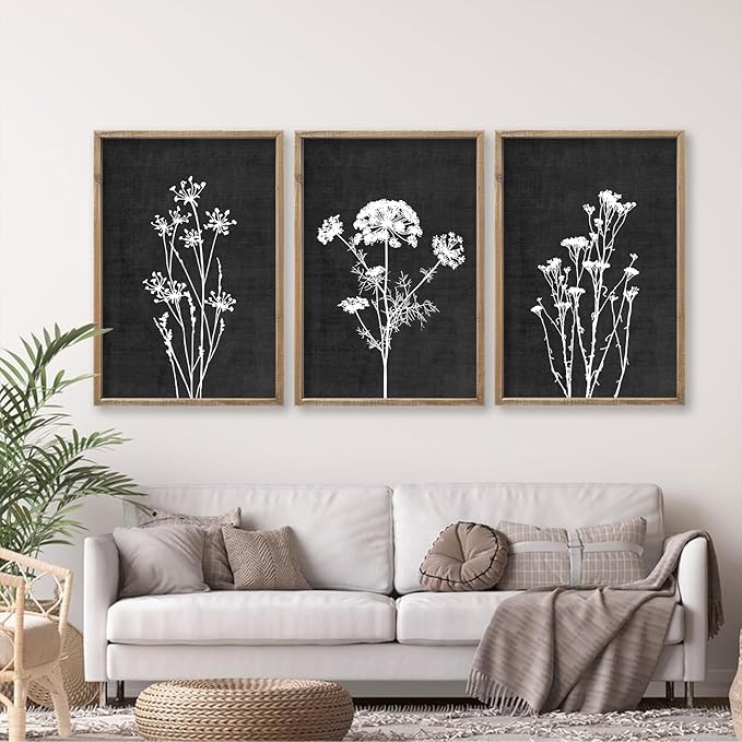 Flower Plant Wall Art Decor 24"x16" Set of 3 Black And White Botanical Painting Wood Framed For Minimalist Bedroom Office Rustic Living Room Abstract Wildflower Sign Hanging (Wood Black)-Ruum Studio Home