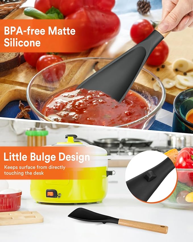 Cooking Spoon for Nonstick Cookwares, Great for Cooking and Serving Sturdy BPA-Free Matte Silicone, Wood Handle Spoon for Mixing, Scoop, and Scrape (Black & Grey, 13.4 inch)-Ruum Studio Home