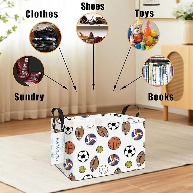 LANGYASHAN Rectangular Storage Bin Collapse Canvas Fabric Cartoon Storage Basket with Handles for Organizing Home Kitchen Boys and Girls Toys Office Closet Shelf Baskets (Rec Colorful Balls)-Ruum Studio Home