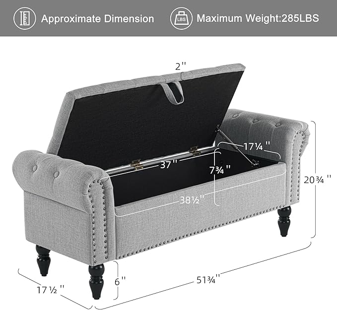 Furniliving 51” Bedroom Bench, End of Bed Bench with Button-Tufted Large Upholstered Storage Bench Ottoman Linen Window Benches with Storage Shoe Cabinet, for Bedroom, Entryway, Closet, Grey-Ruum Studio Home
